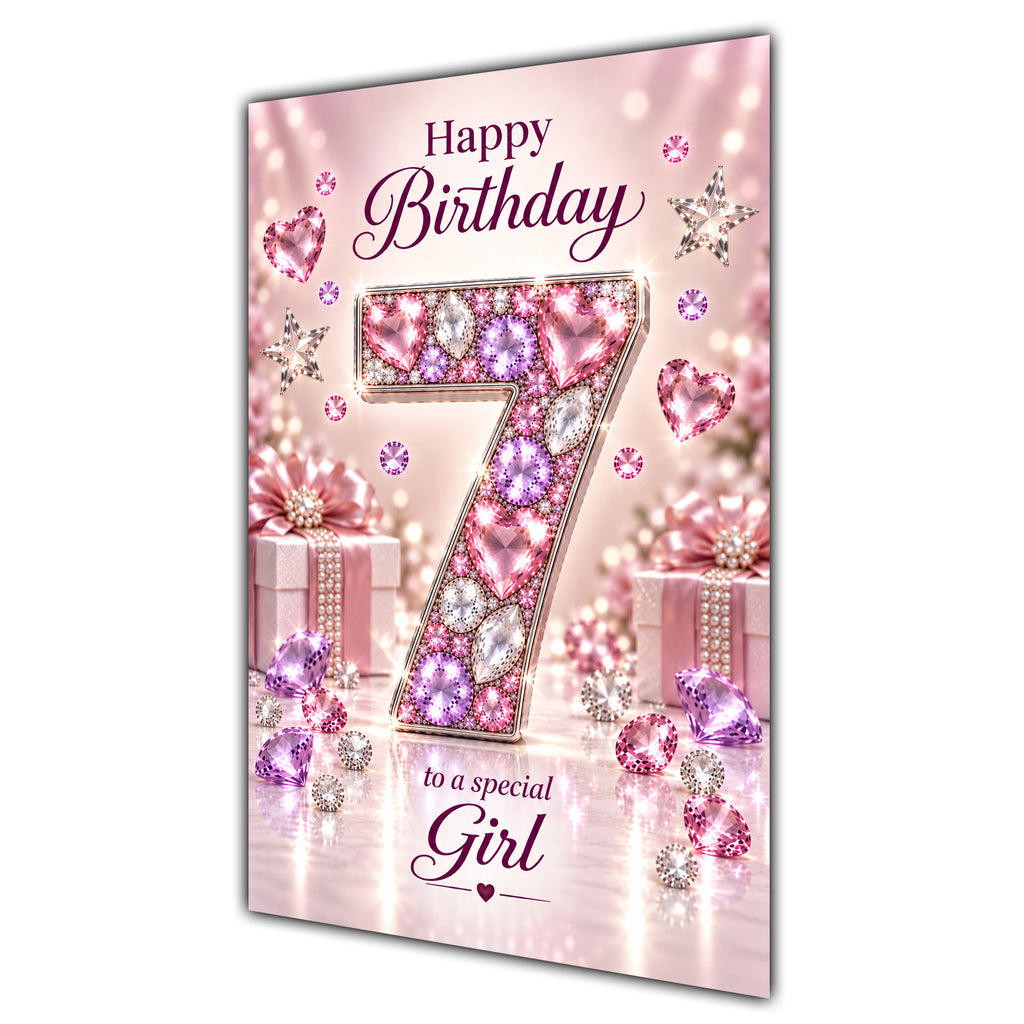 Happy 7th Birthday Special Girl Pink Gemstone Number Card A5