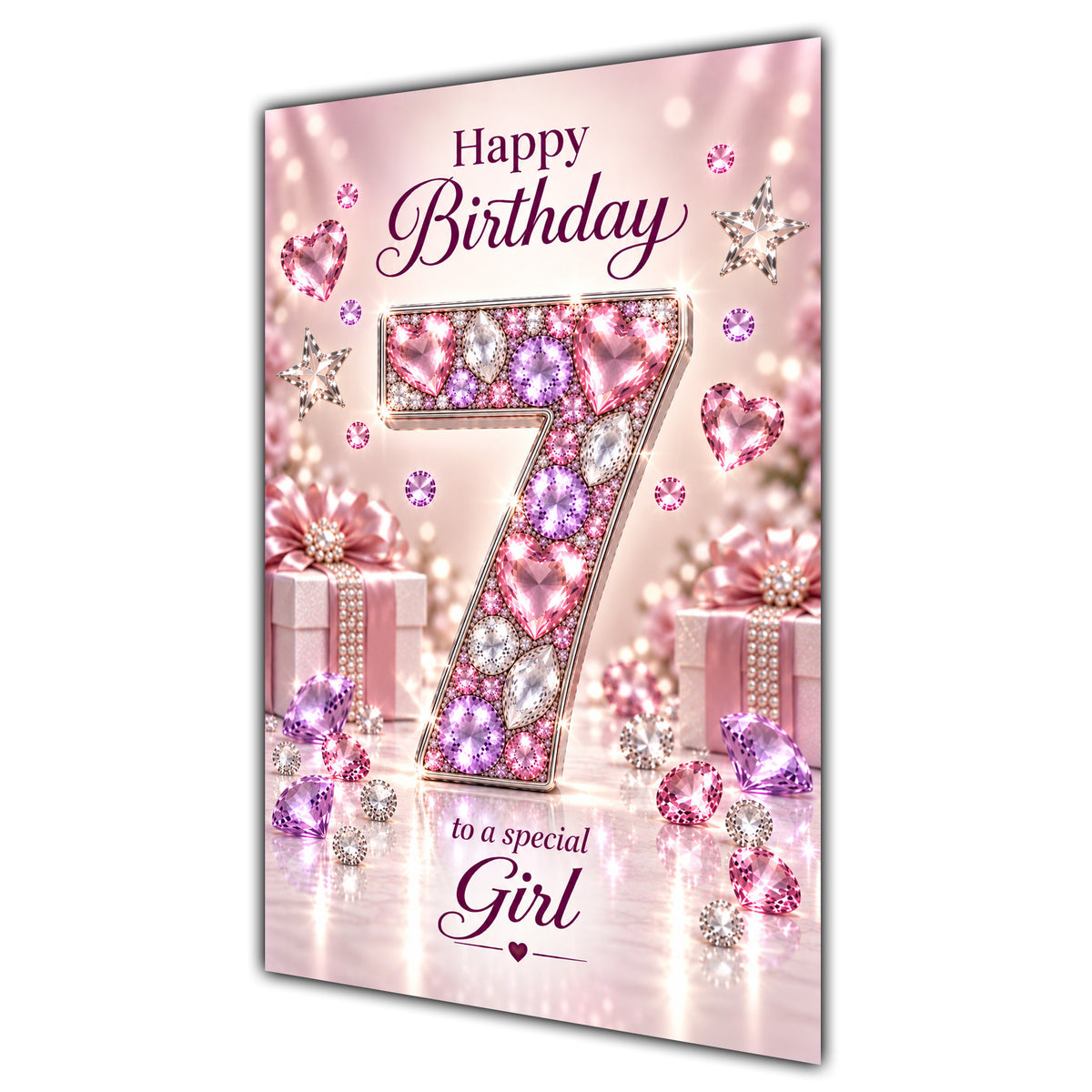 Happy 7th Birthday Special Girl Pink Gemstone Number Card A5