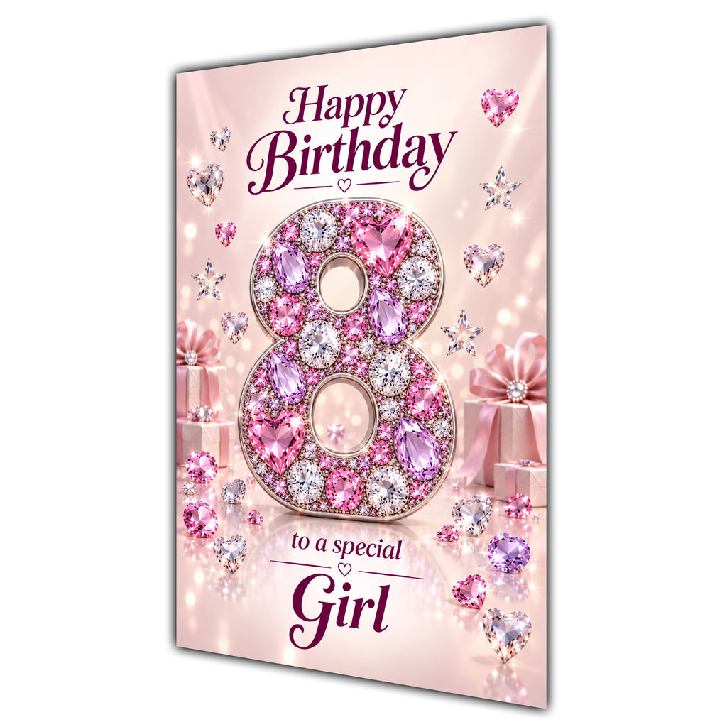 Happy 8th Birthday Special Girl Pink Gemstone Number Card A5