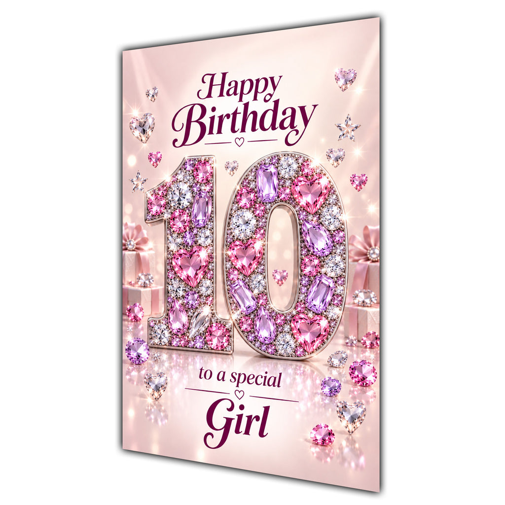 Girl 10th Birthday Card - Pink Jewel Effect Number