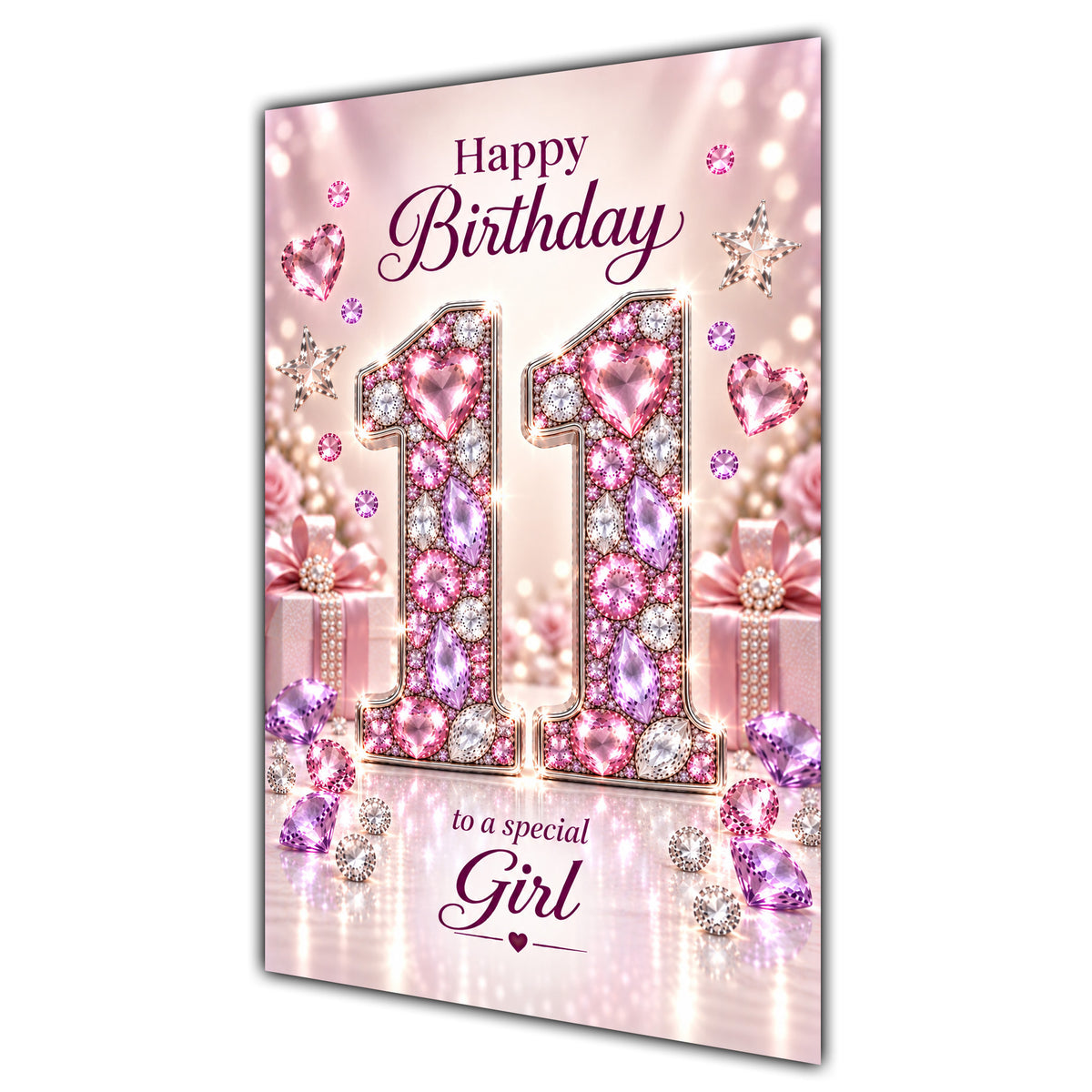 Happy 11th Birthday Special Girl Pink Gemstone Number Card A5