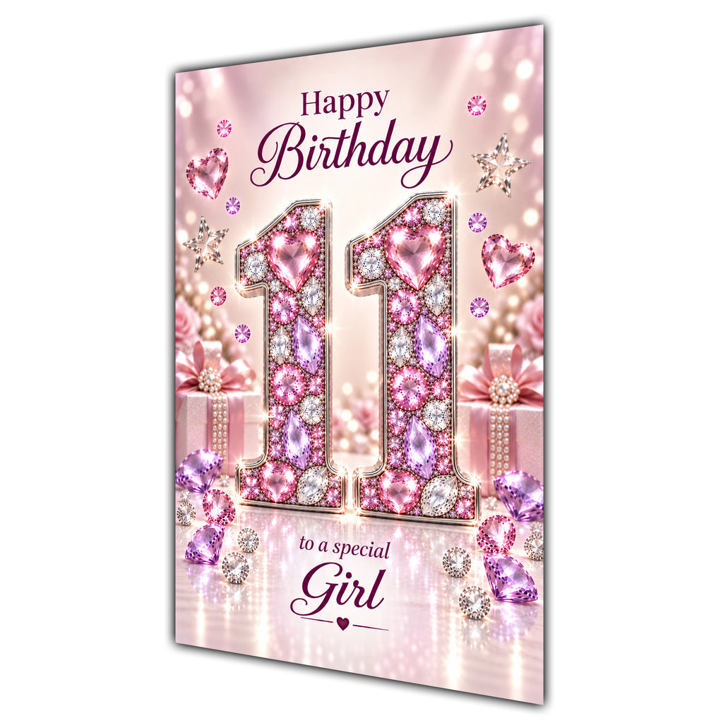 Girl 11th Birthday Card - Pink Jewel Effect Number
