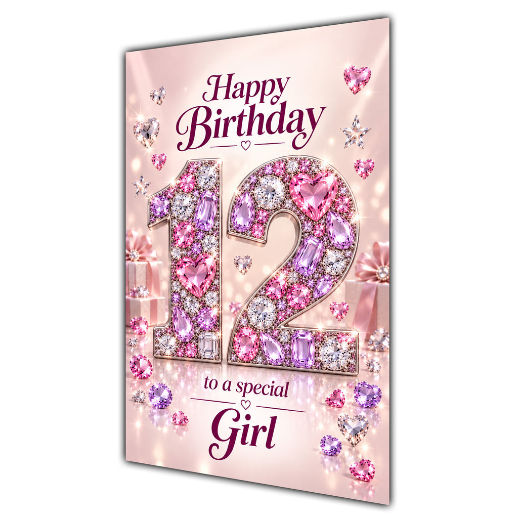 Happy 12th Birthday Special Girl Pink Gemstone Number Card A5