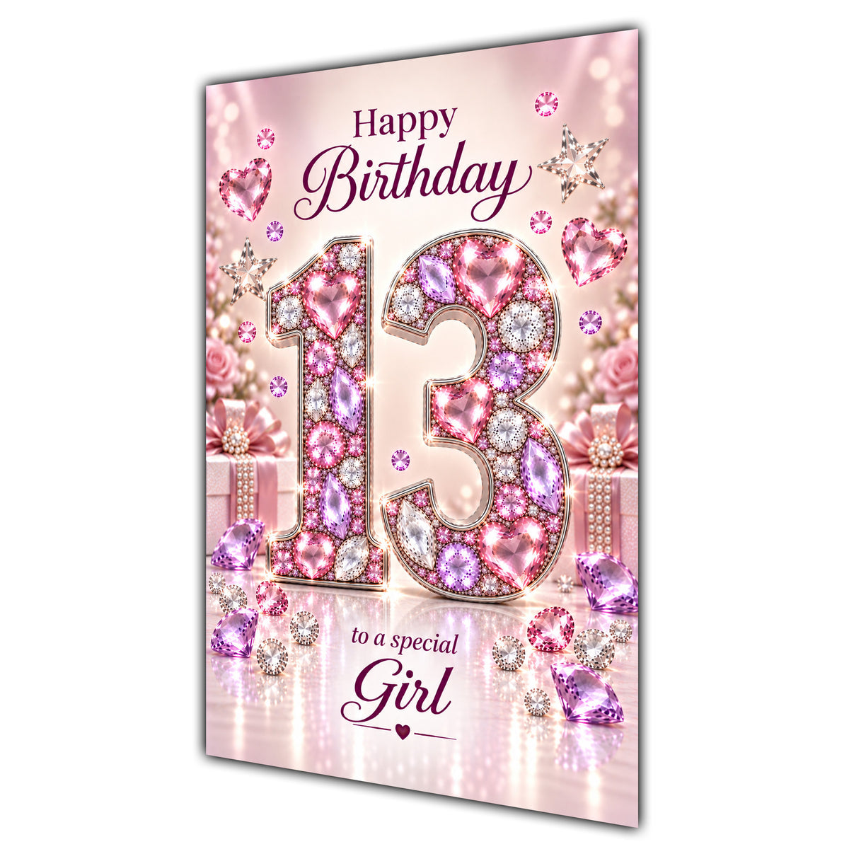 Happy 13th Birthday Special Girl Pink Gemstone Number Card A5