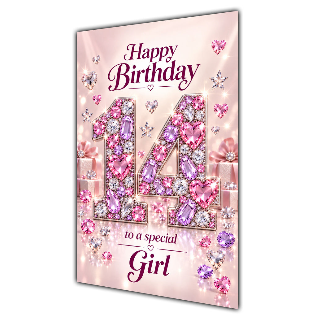 Girl 14th Birthday Card - Pink Jewel Effect Number