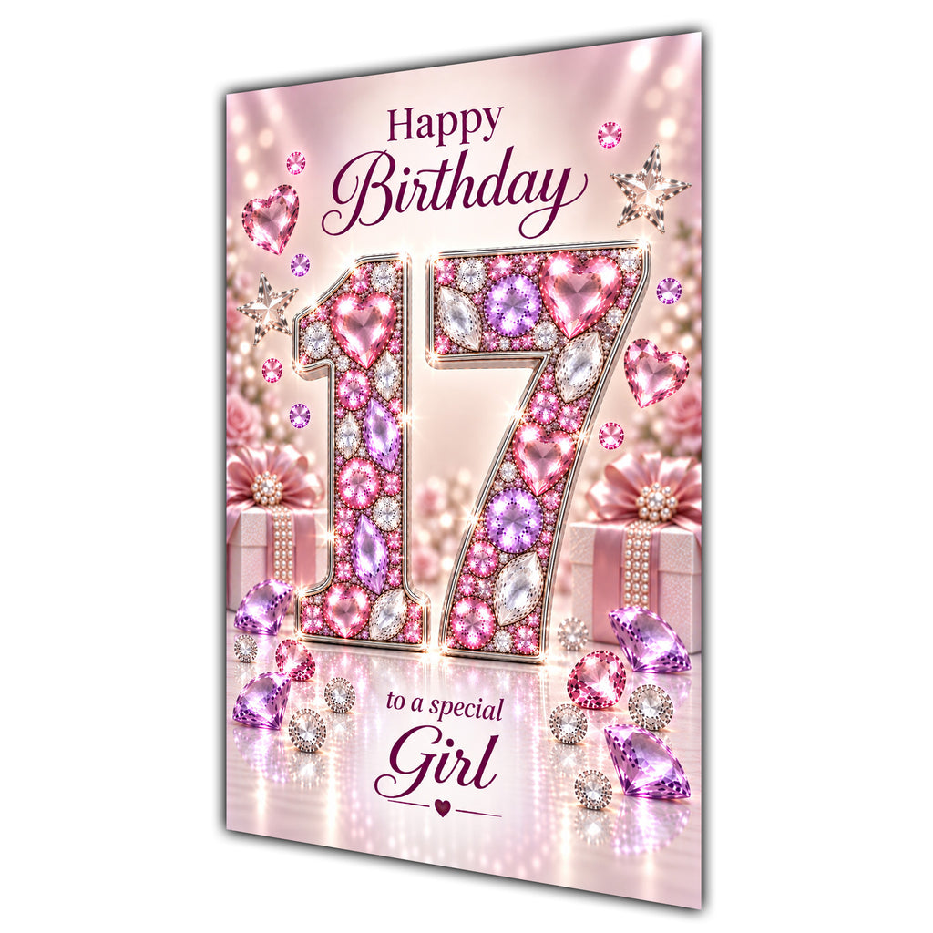 Happy 17th Birthday Special Girl Pink Gemstone Number Card A5