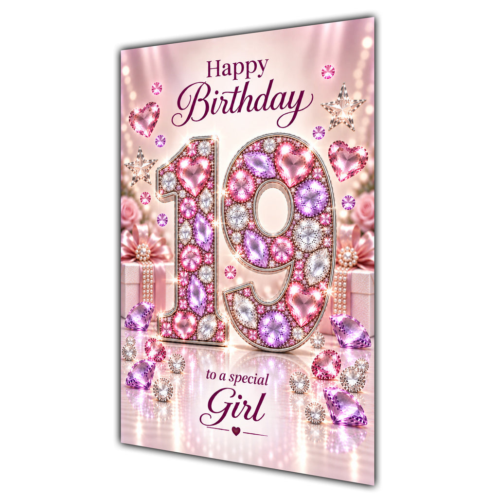 Girl 19th Birthday Card - Pink Jewel Effect Number