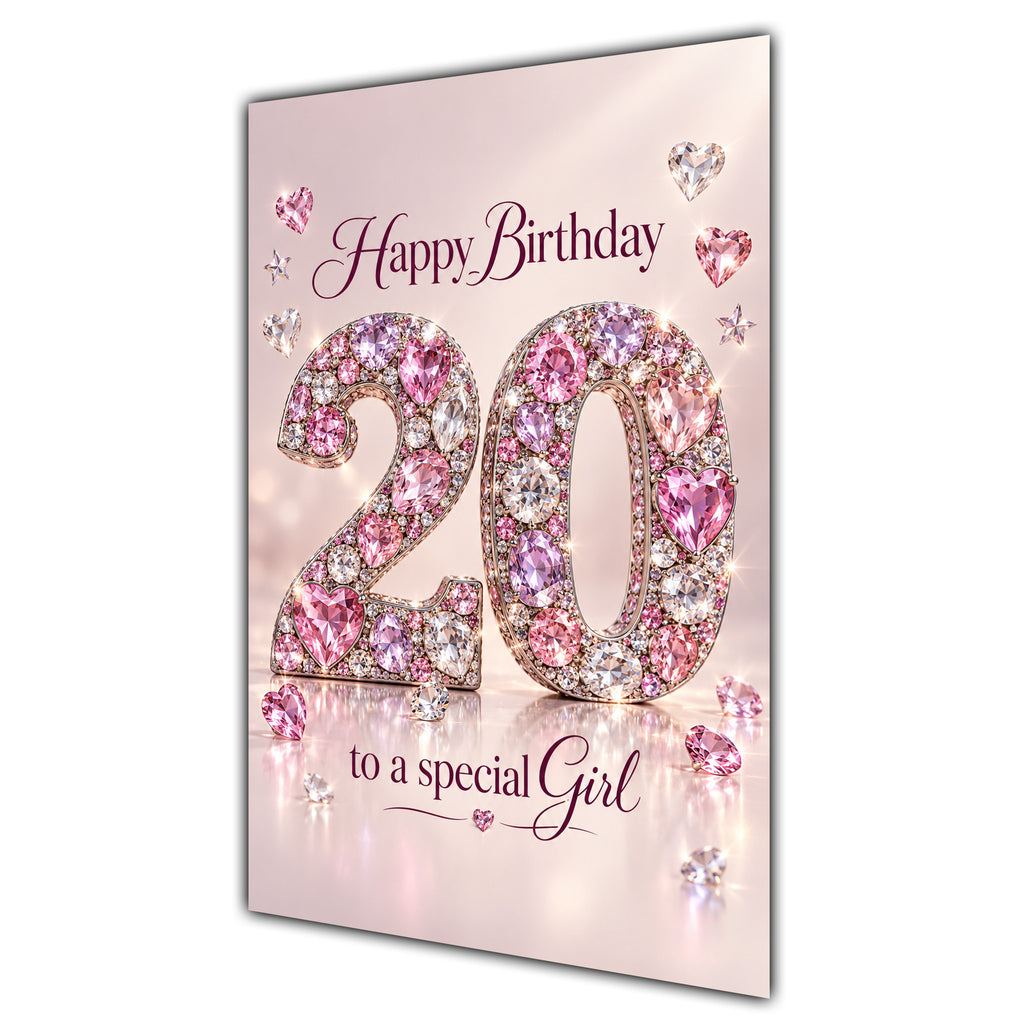 Girl 20th Birthday Card - Pink Jewel Effect Number