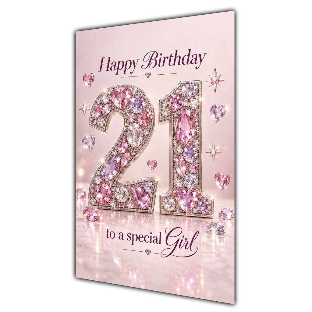 Girl 21st Birthday Card - Pink Jewel Effect Number
