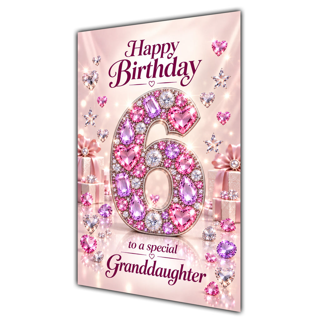 Granddaughter 6th Birthday Card - Pink Jewel Effect Number
