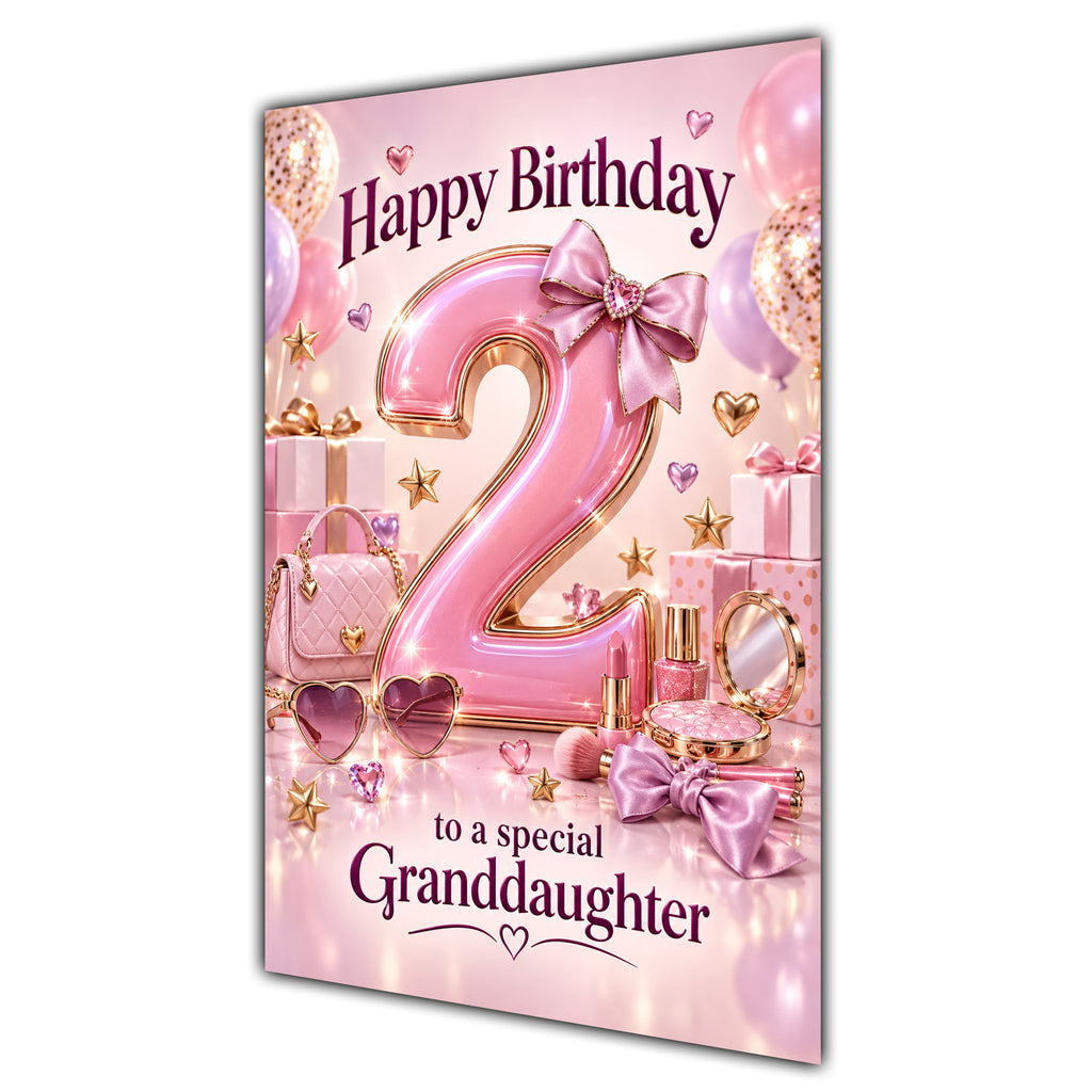 Granddaughter 2nd Birthday Card - Pink Number, Bows and Accessories