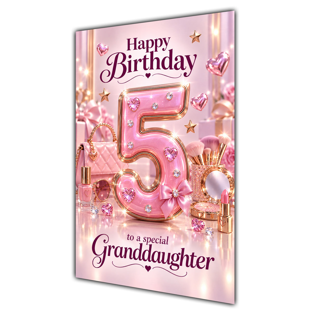 Granddaughter 5th Birthday Card - Pink Number, Bows and Accessories