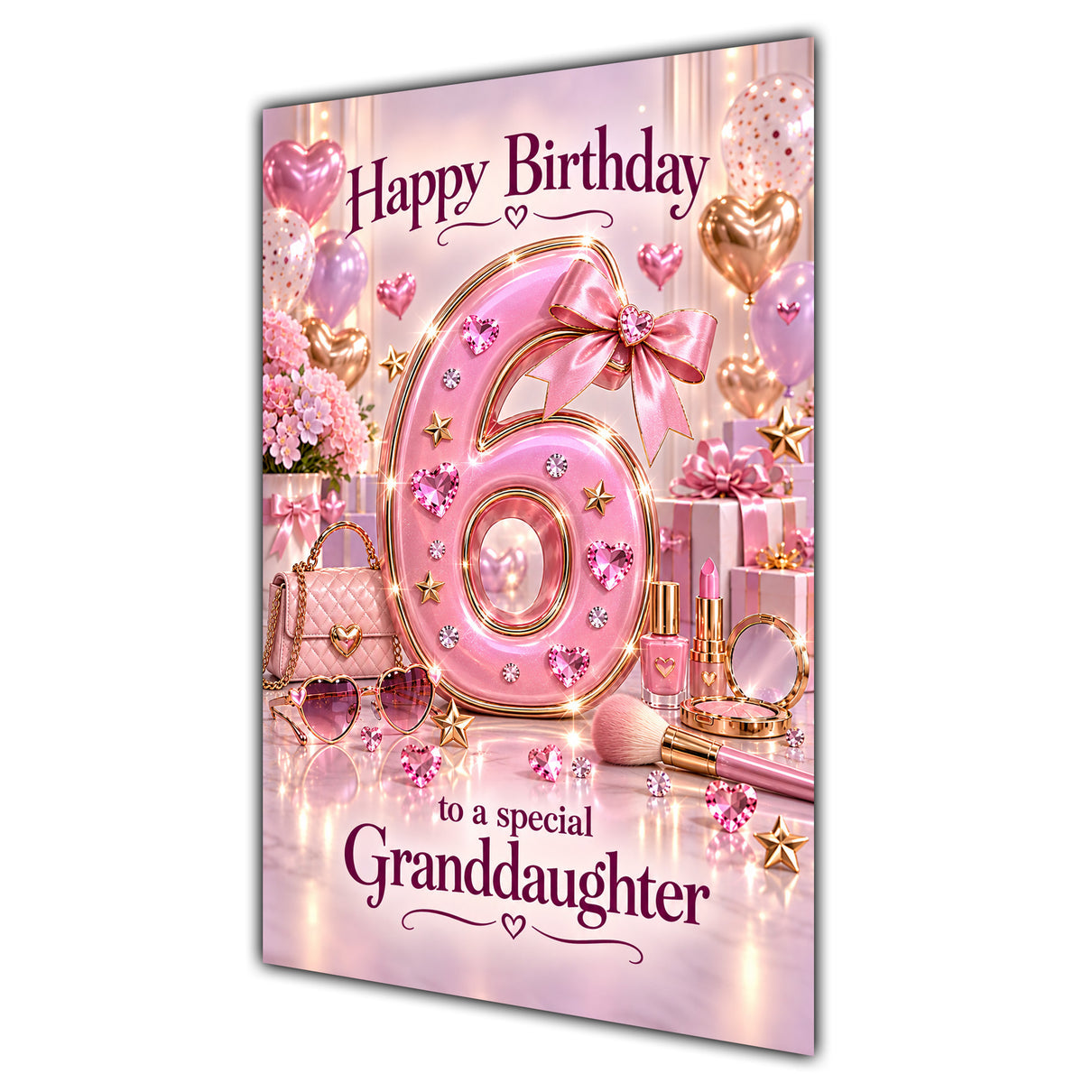 Granddaughter 6th Birthday Card - Pink Number, Bows and Accessories