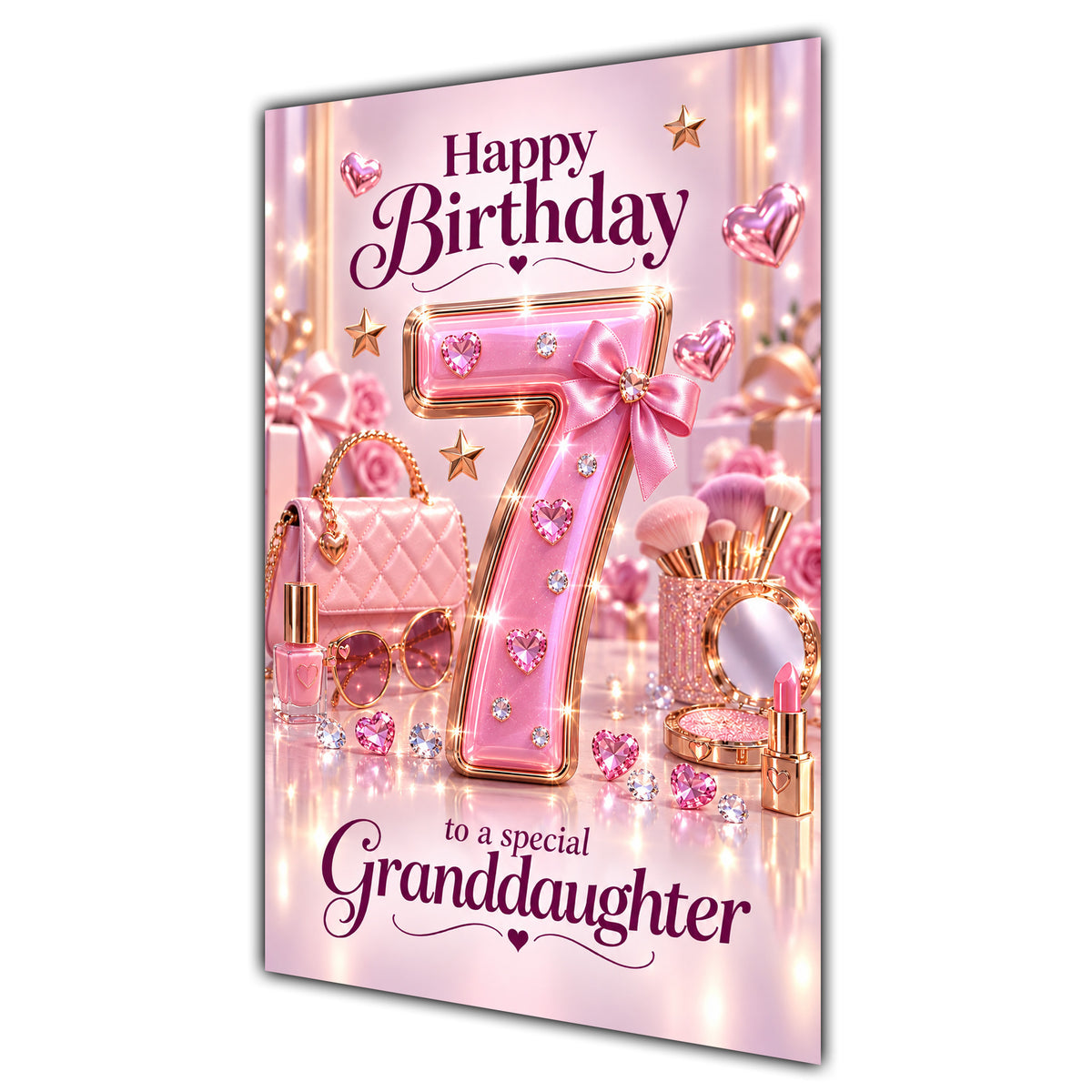 Granddaughter 7th Birthday Card - Pink Number, Bows and Accessories