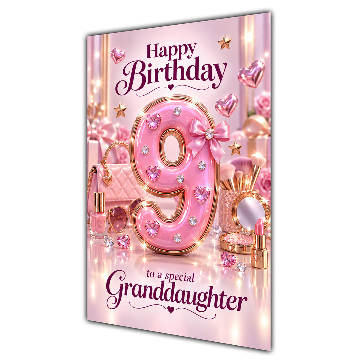 Granddaughter 9th Birthday Card - Pink Number, Bows and Accessories