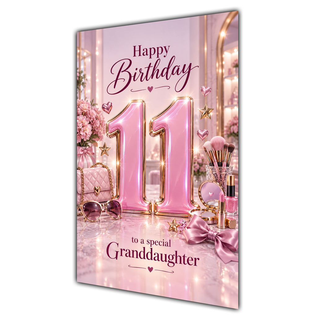 Granddaughter 11th Birthday Card - Pink Number, Bows and Accessories