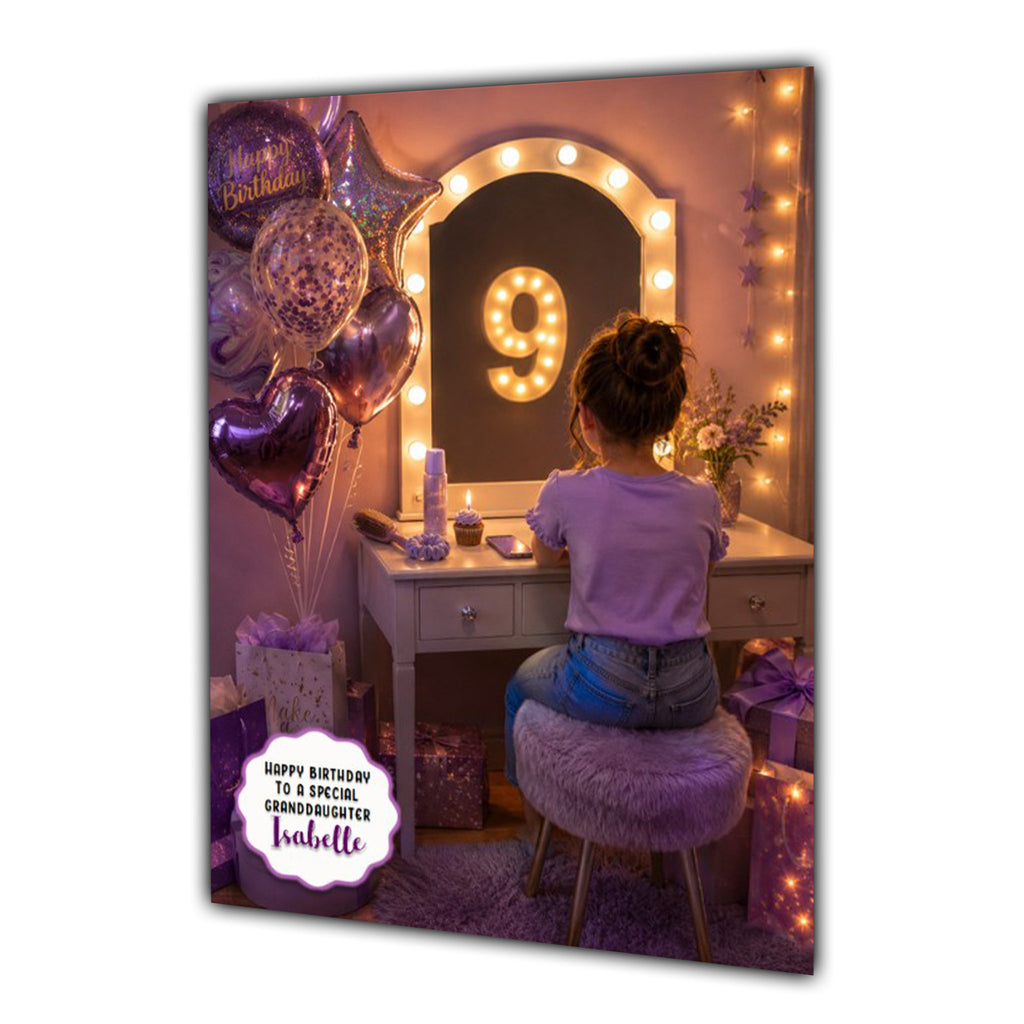 9th Birthday Card For Girls, Daughter, Granddaughter, Niece, Brown Hair, Dressing Table