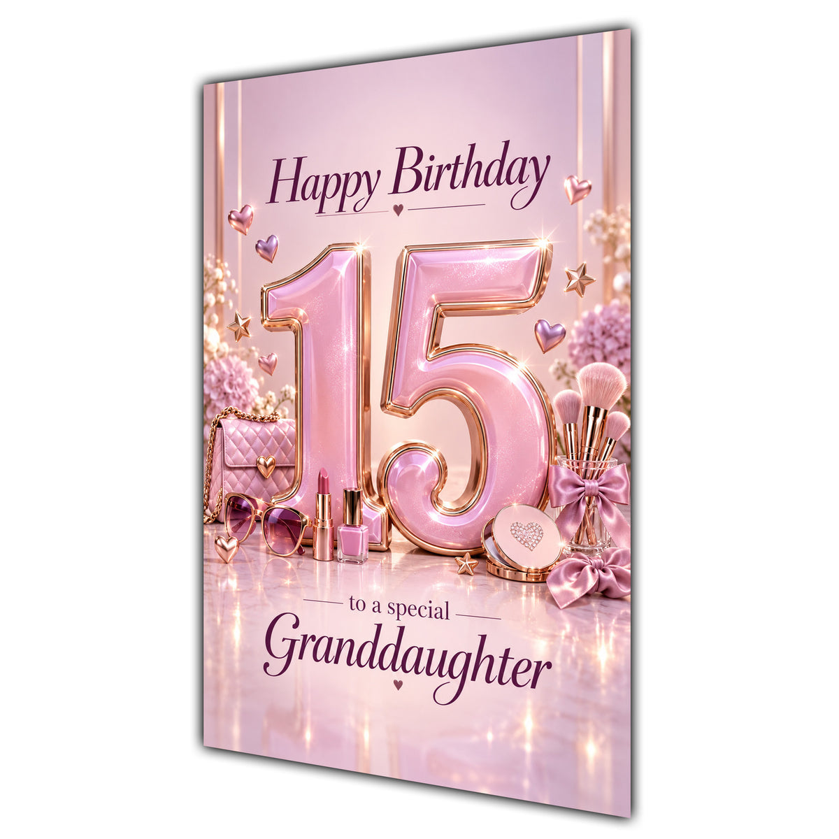 Granddaughter 15th Birthday Card - Pink Number, Bows and Accessories