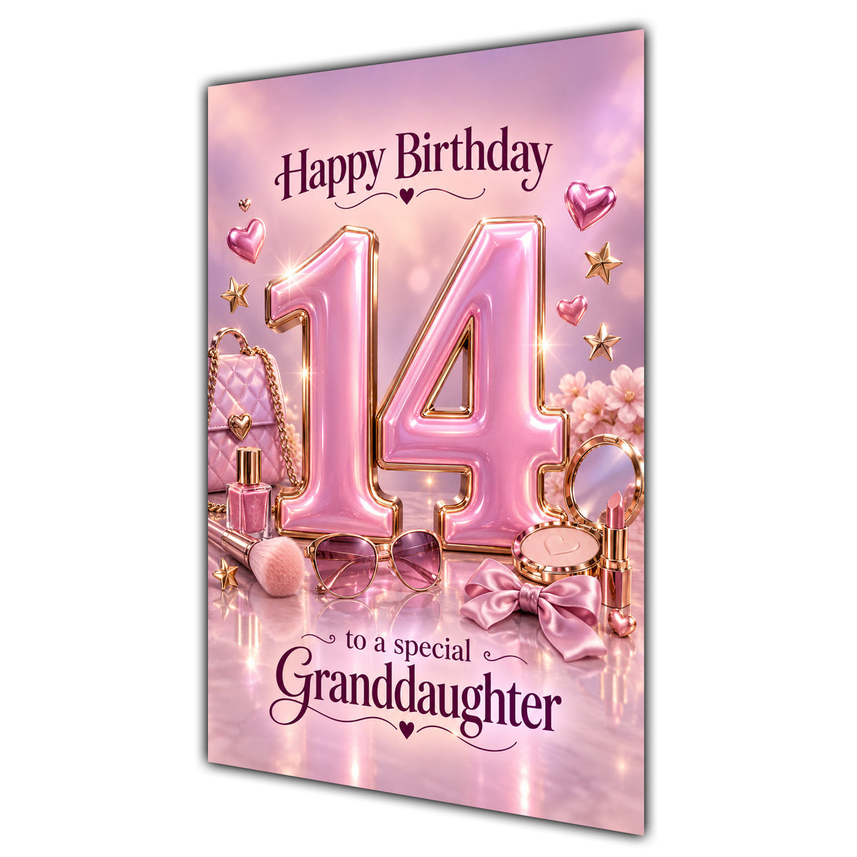 Granddaughter 14th Birthday Card - Pink Number, Bows and Accessories