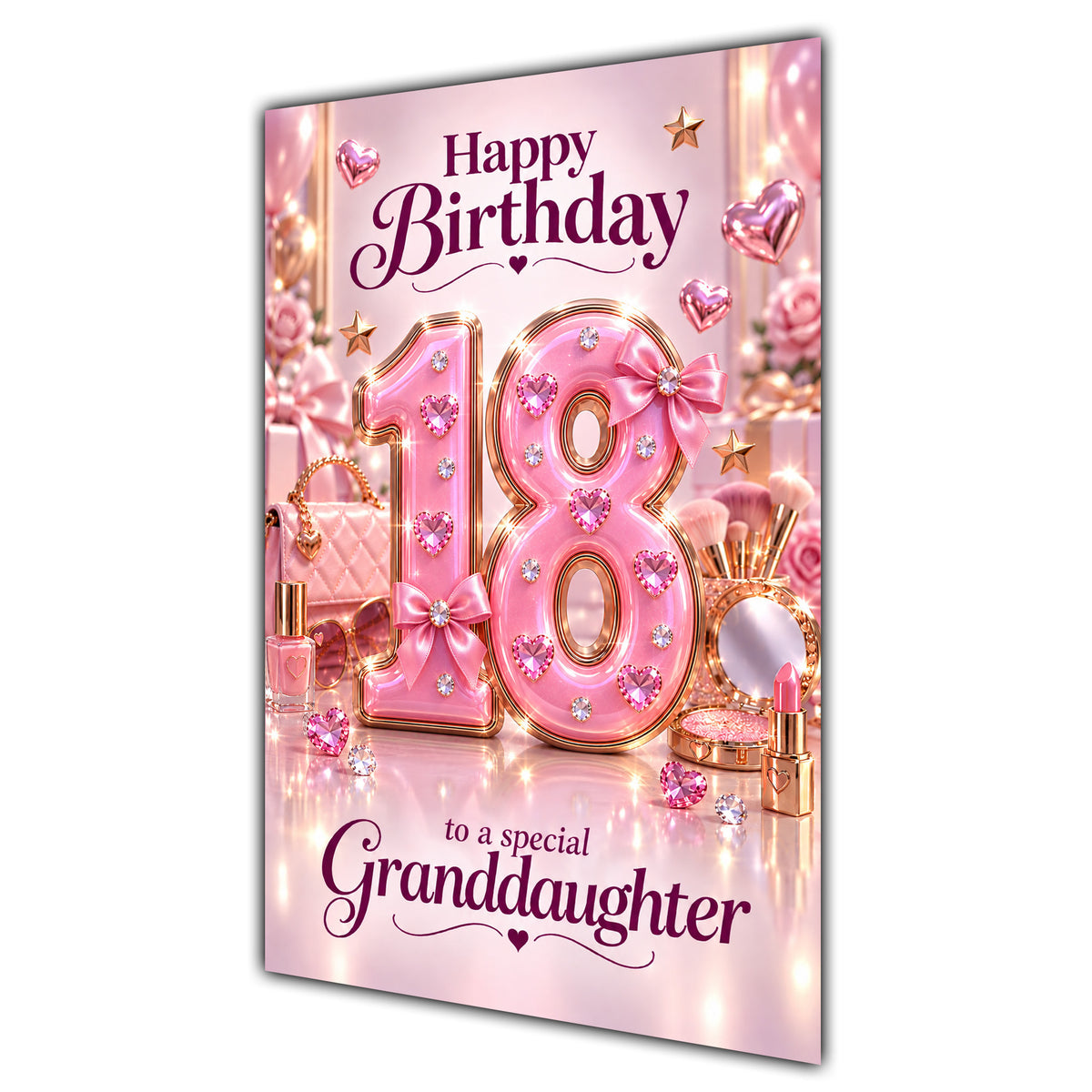 Granddaughter 18th Birthday Card - Pink Number, Bows and Accessories