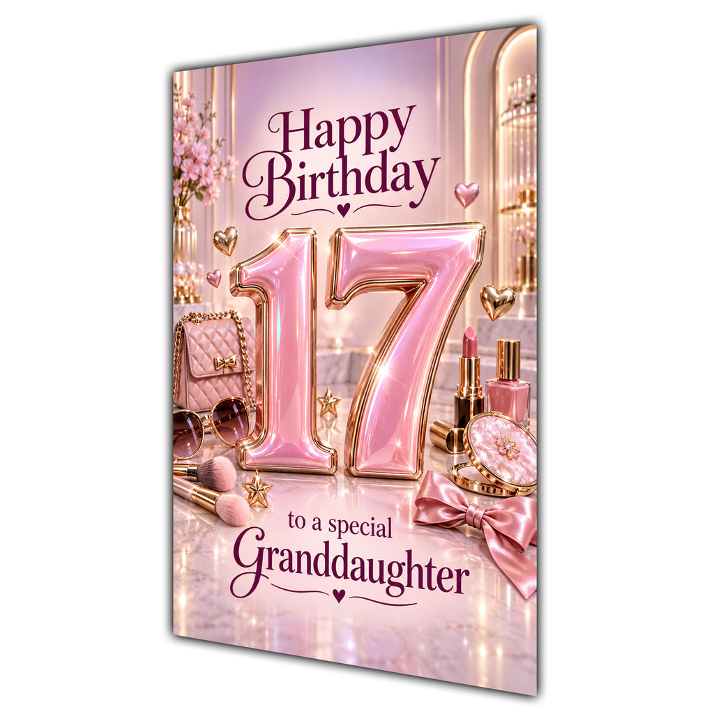 Granddaughter 17th Birthday Card - Pink Number, Bows and Accessories