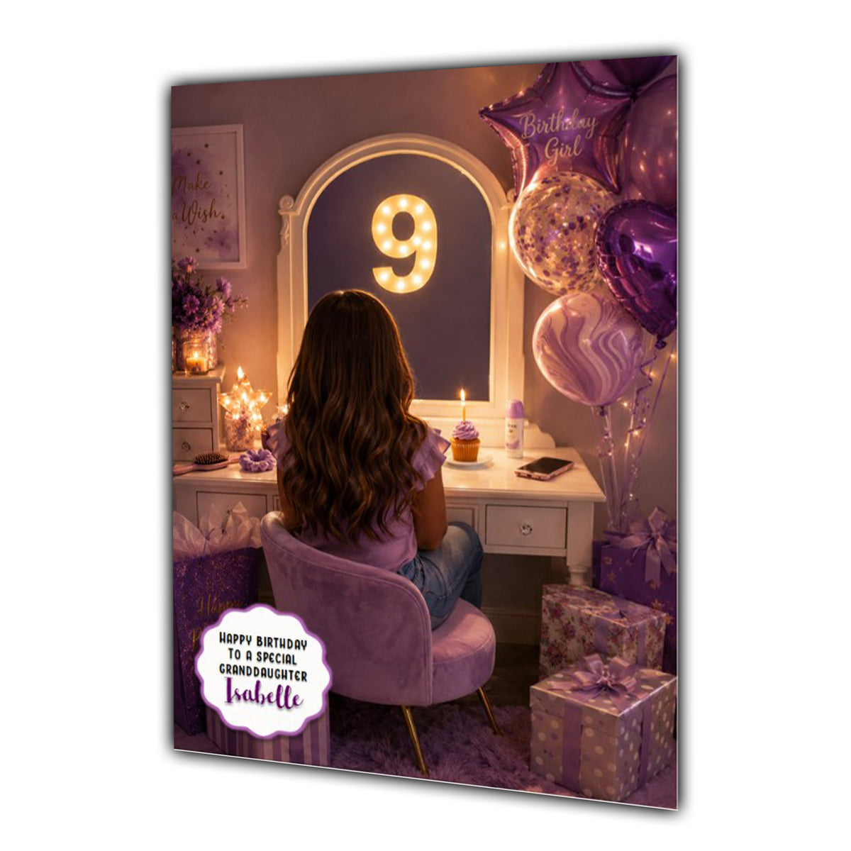9th Birthday Card For Girls, Daughter, Granddaughter, Niece, Brown Hair, Dressing Table