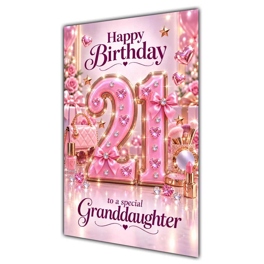 Granddaughter 21st Birthday Card - Pink Number, Bows and Accessories