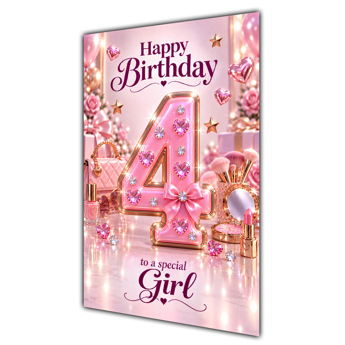 Girl 4th Birthday Card - Pink Number, Bows and Accessories