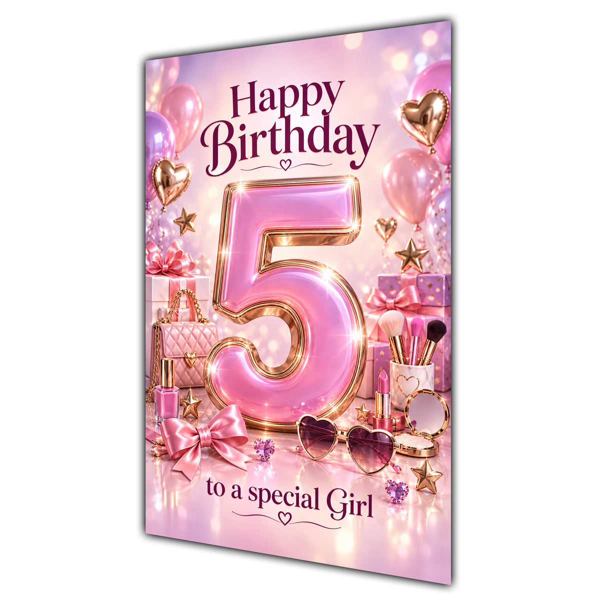 Girl 5th Birthday Card - Pink Number, Bows and Accessories