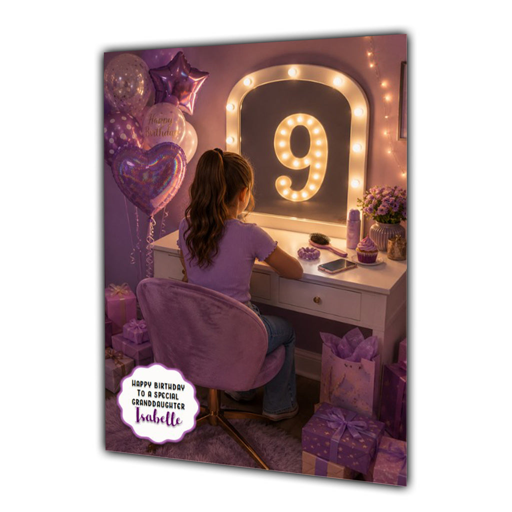 9th Birthday Card For Girls, Daughter, Granddaughter, Niece, Brown Hair, Dressing Table