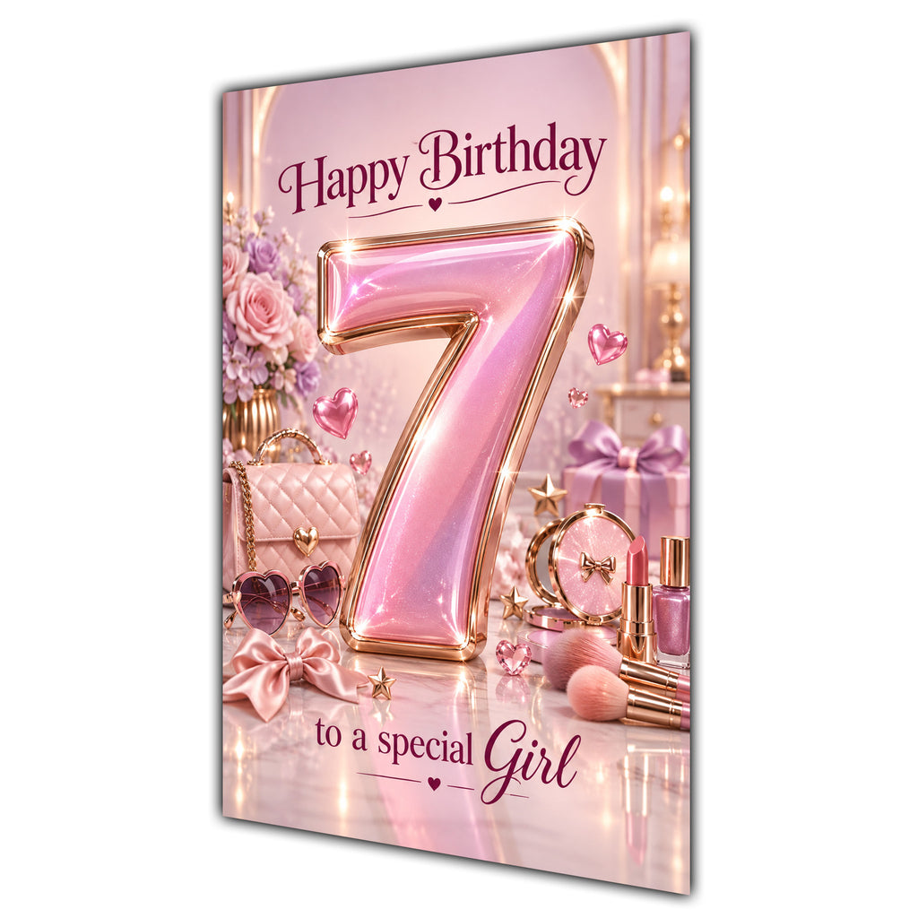 Girl 7th Birthday Card - Pink Number, Bows and Accessories