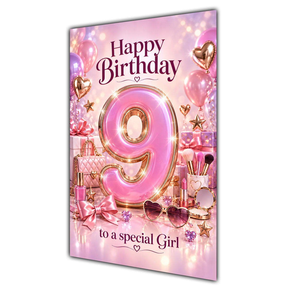 Girl 9th Birthday Card - Pink Number, Bows and Accessories