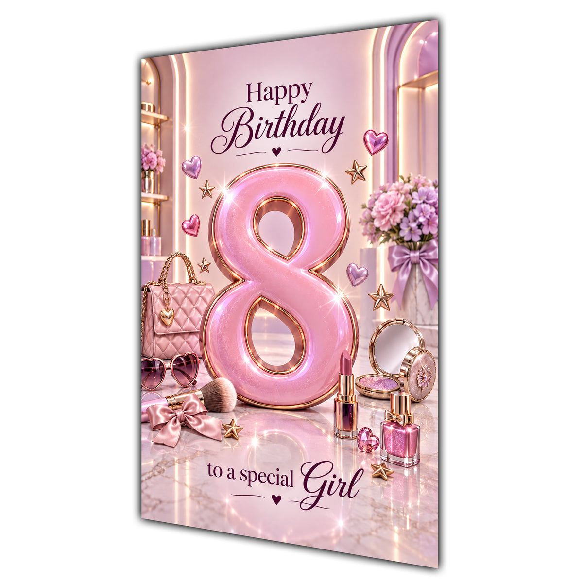 Girl 8th Birthday Card - Pink Number, Bows and Accessories