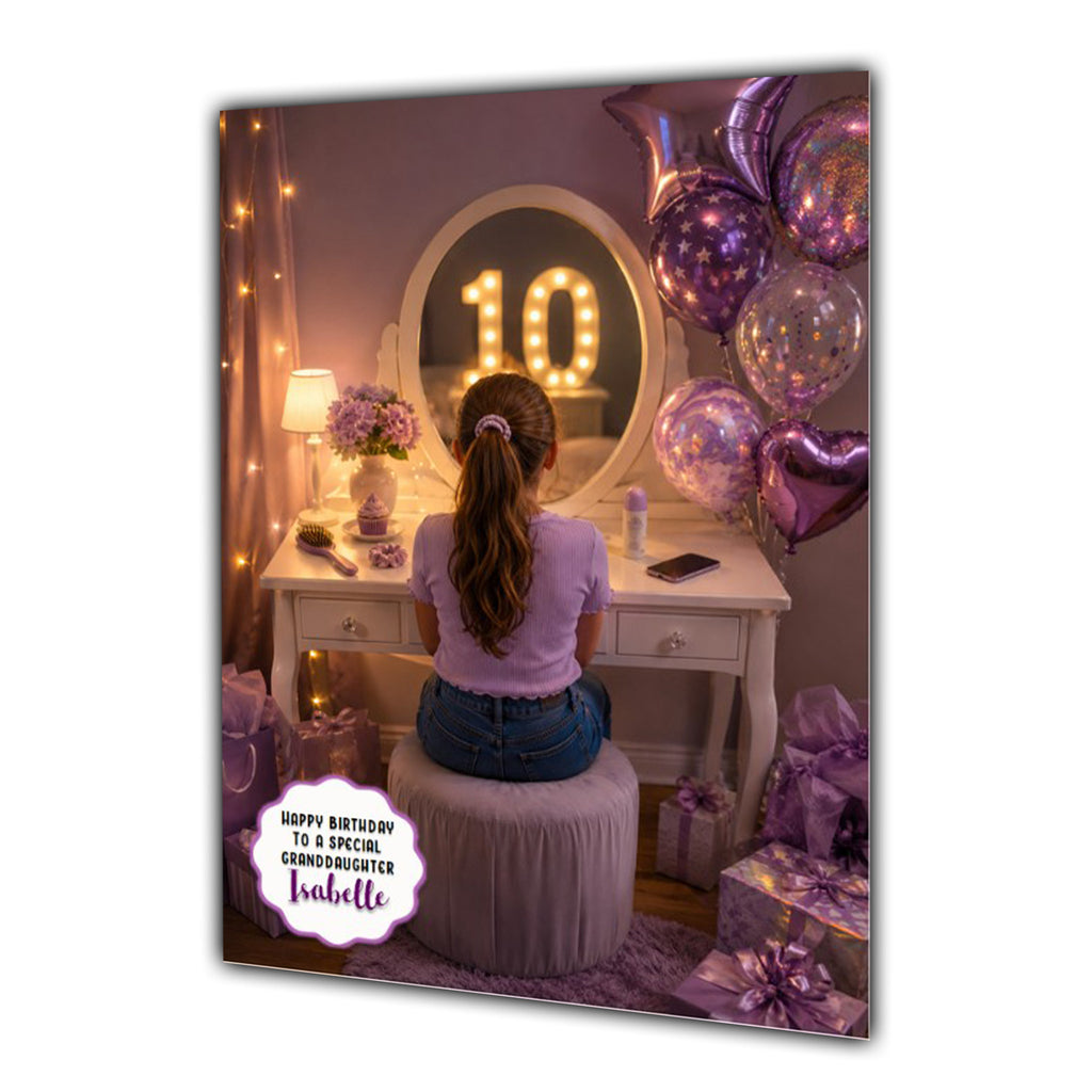 10th Birthday Card For Girls, Daughter, Granddaughter, Niece, Brown Hair, Dressing Table