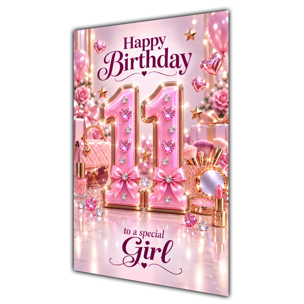 Girl 11th Birthday Card - Pink Number, Bows and Accessories