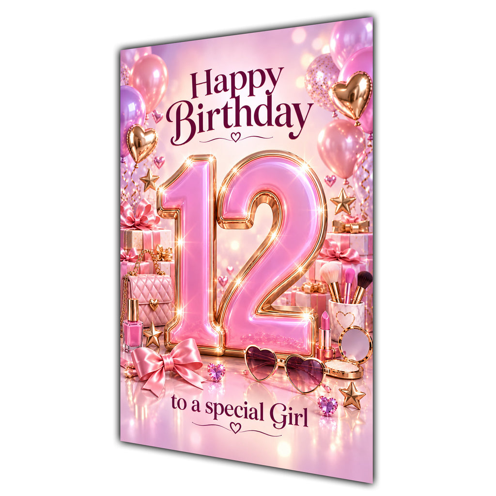Girl 12th Birthday Card - Pink Number, Bows and Accessories