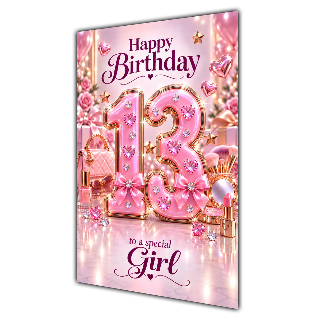 Girl 13th Birthday Card - Pink Number, Bows and Accessories