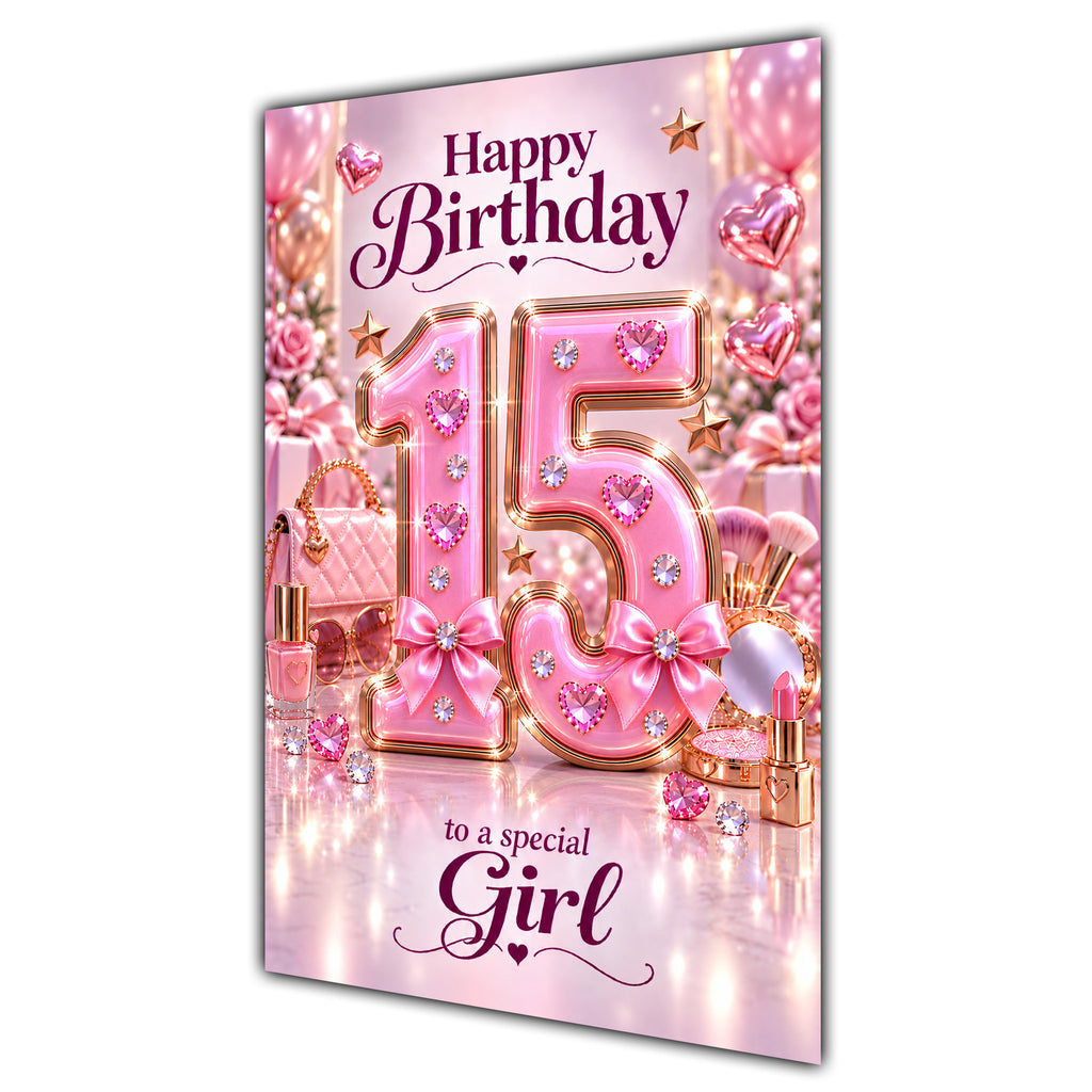 Girl 15th Birthday Card - Pink Number, Bows and Accessories