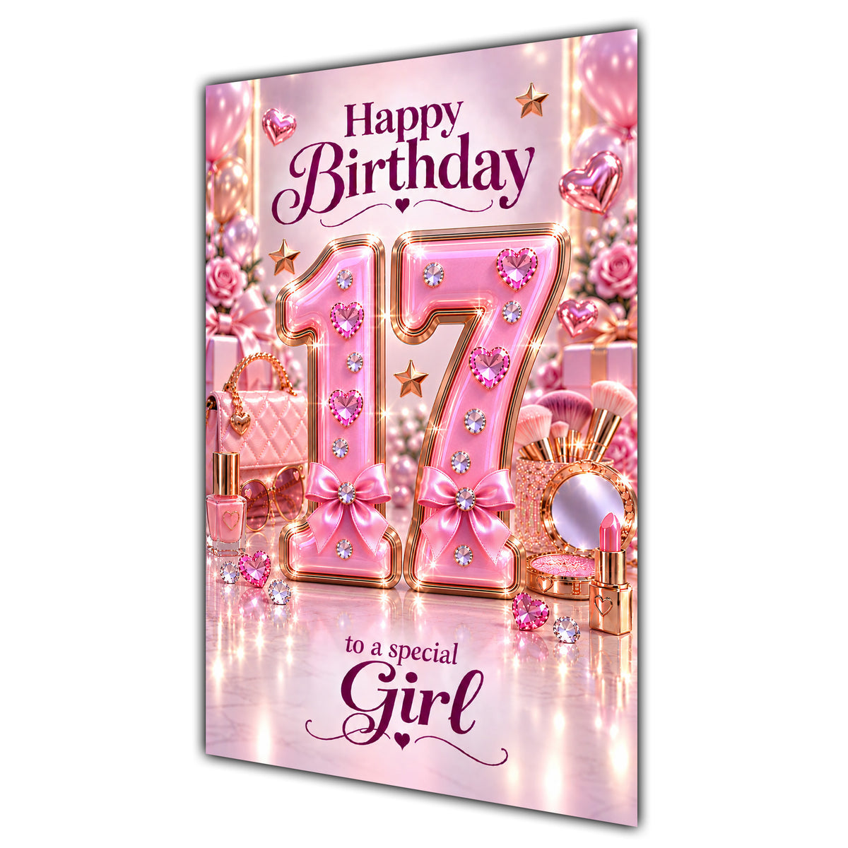 Girl 17th Birthday Card - Pink Number, Bows and Accessories