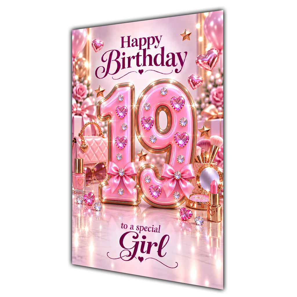 Girl 19th Birthday Card - Pink Number, Bows and Accessories
