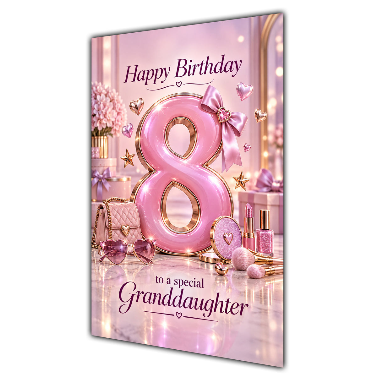Granddaughter 8th Birthday Card - Pink Number, Bows and Accessories