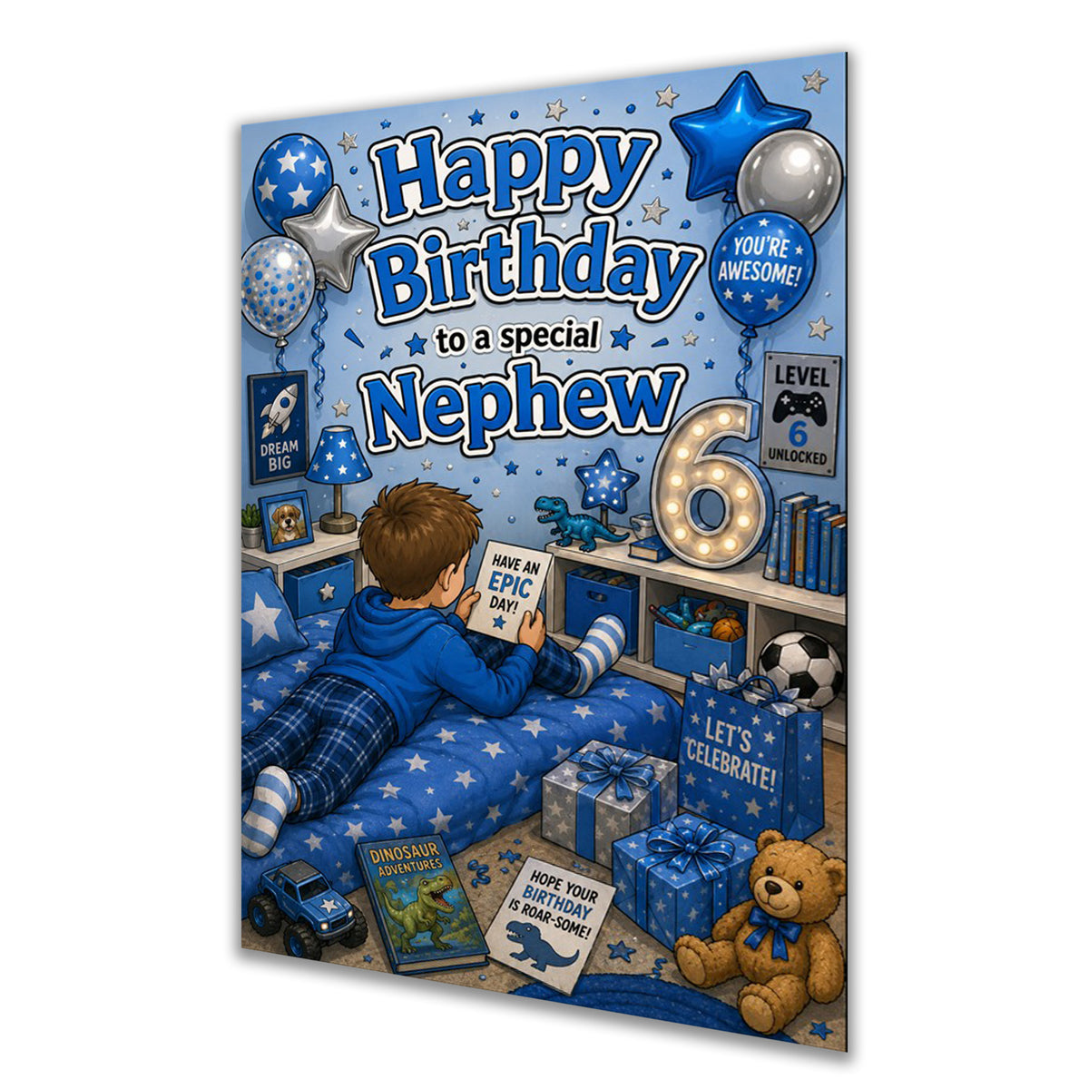 Nephew 6th Birthday Card - Boy in Blue Gaming Bedroom