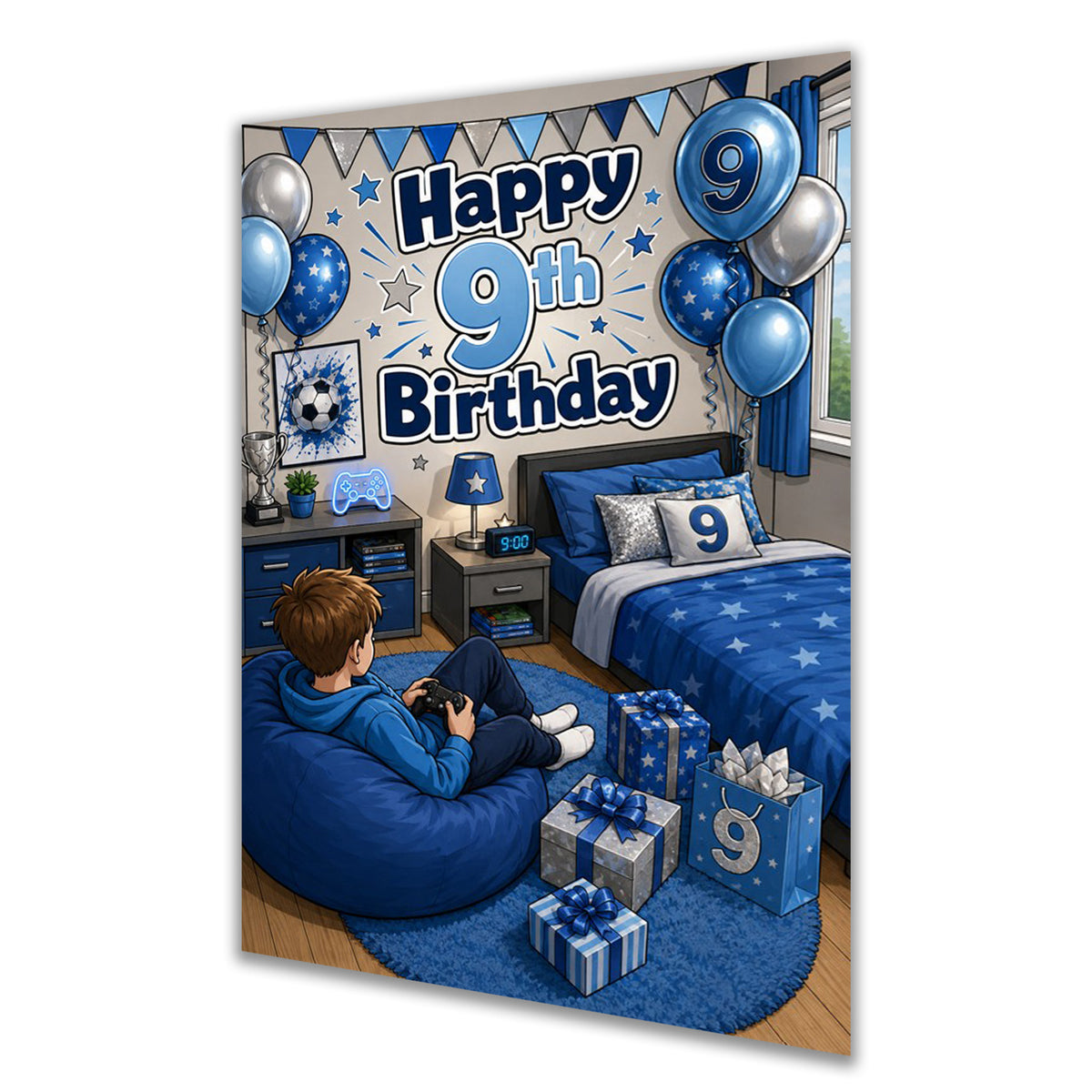 9th Birthday Card - Boy in Blue Gaming Bedroom