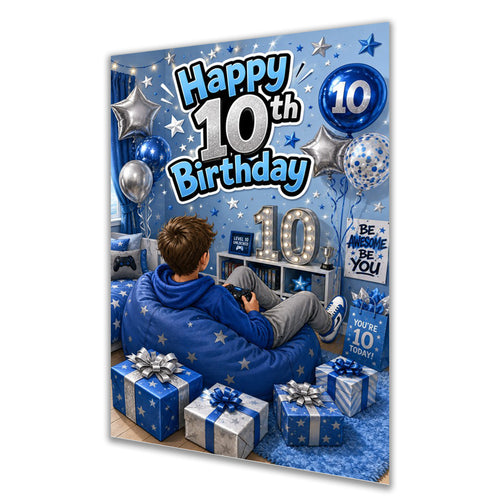 10th Birthday Card - Boy in Blue Gaming Bedroom