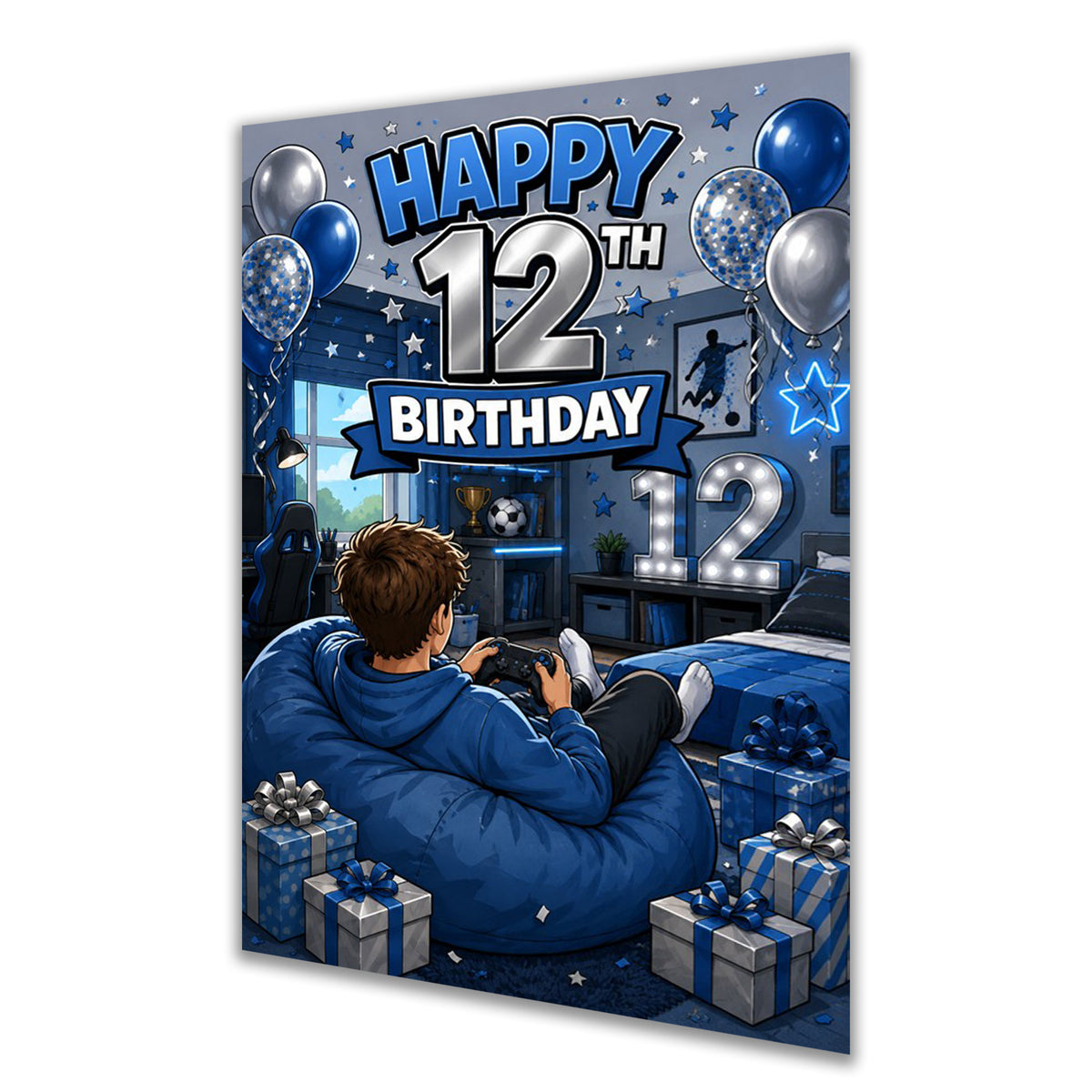 12th Birthday Card - Boy in Blue Gaming Bedroom