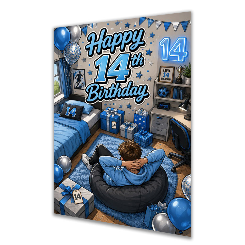 14th Birthday Card - Boy in Blue Gaming Bedroom
