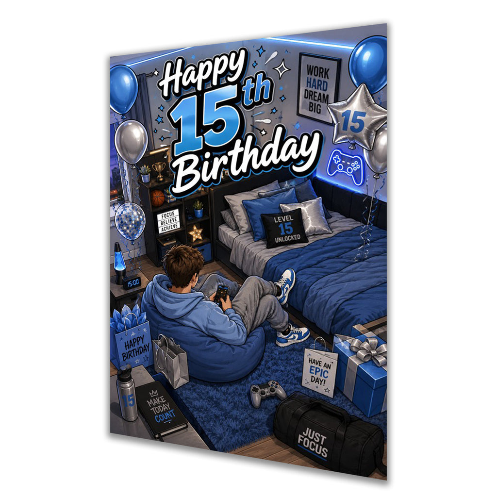 15th Birthday Card - Boy in Blue Gaming Bedroom