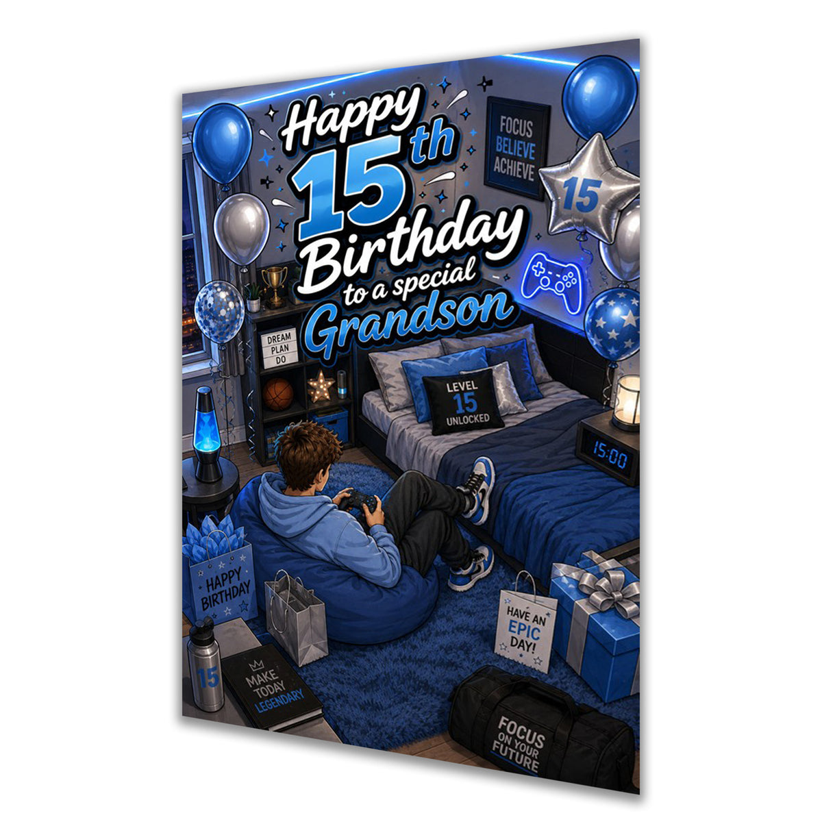 15th Birthday Card for Grandson, Boys, Male, Gaming, Gamer, Teenager