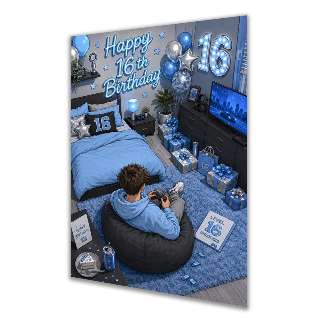 16th Birthday Card - Boy in Blue Gaming Bedroom
