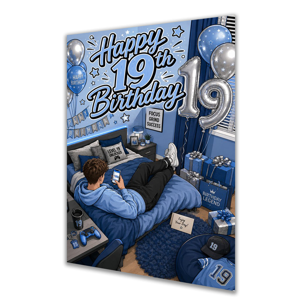 19th Birthday Card - Boy in Blue Gaming Bedroom